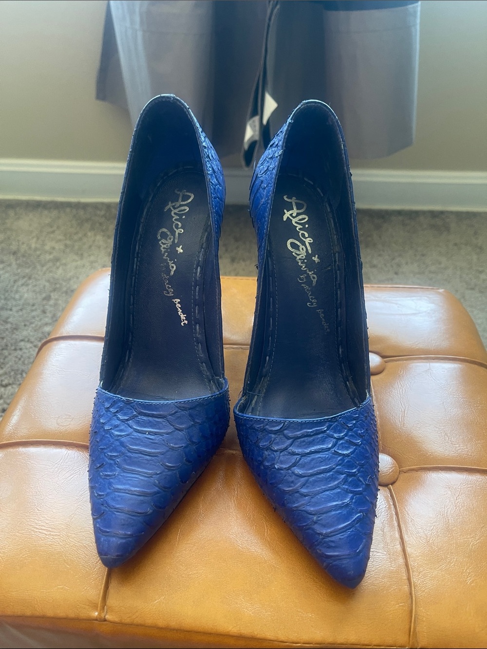 Alice + Olivia Cobalt Textured Pointed-Toe Pumps
